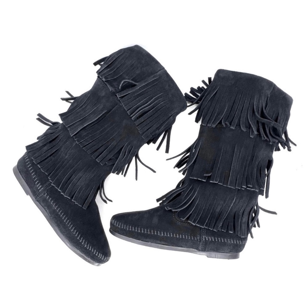 Minnetonka Boots 3-Layer Fringe Moccasins Women’s Size 6 Black Suede New - Picture 11 of 11